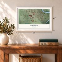 Scribner, Nebraska map, 12 x 18 inch print in a white frame in an entryway