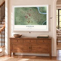 Scribner, Nebraska map, 24 x 36 inch print in a white frame above a dresser by a staircase
