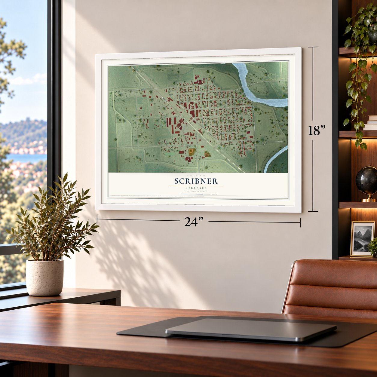 Scribner, Nebraska map, 18 x 24 inch print in a white frame in a home office