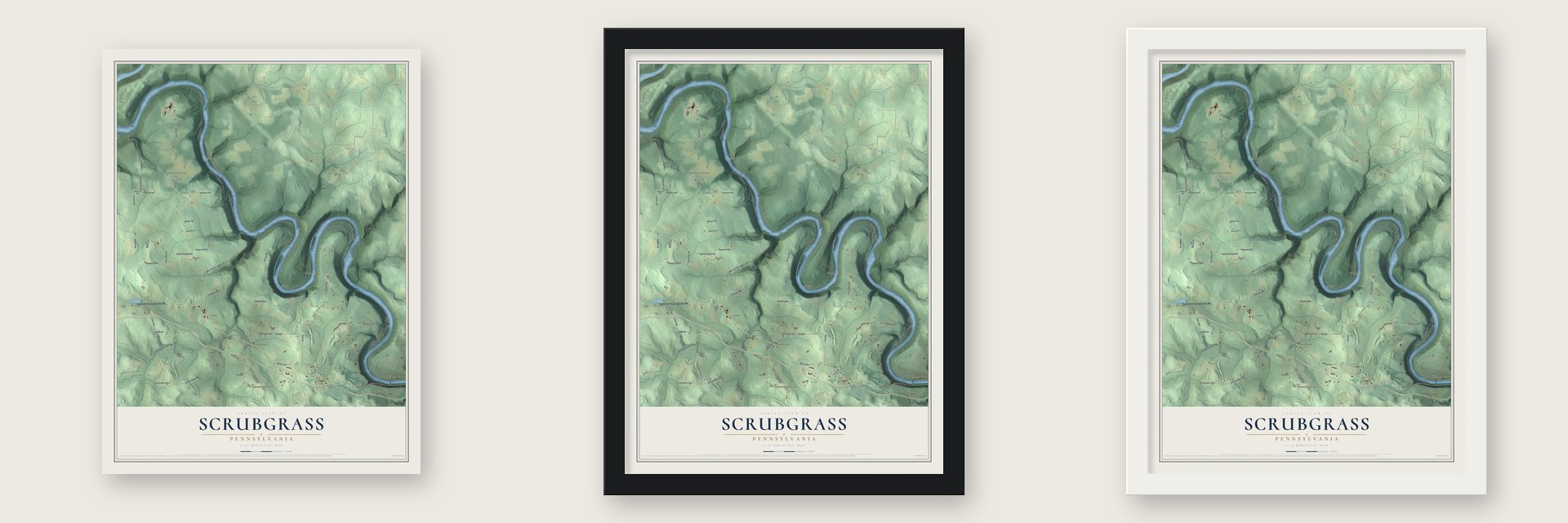 Scrubgrass, Pennsylvania map unframed, in a black wood frame and in a white wood frame