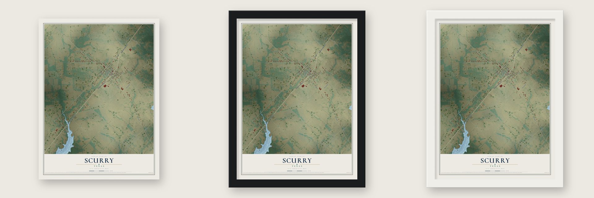 Scurry, Texas map unframed, in a black wood frame and in a white wood frame