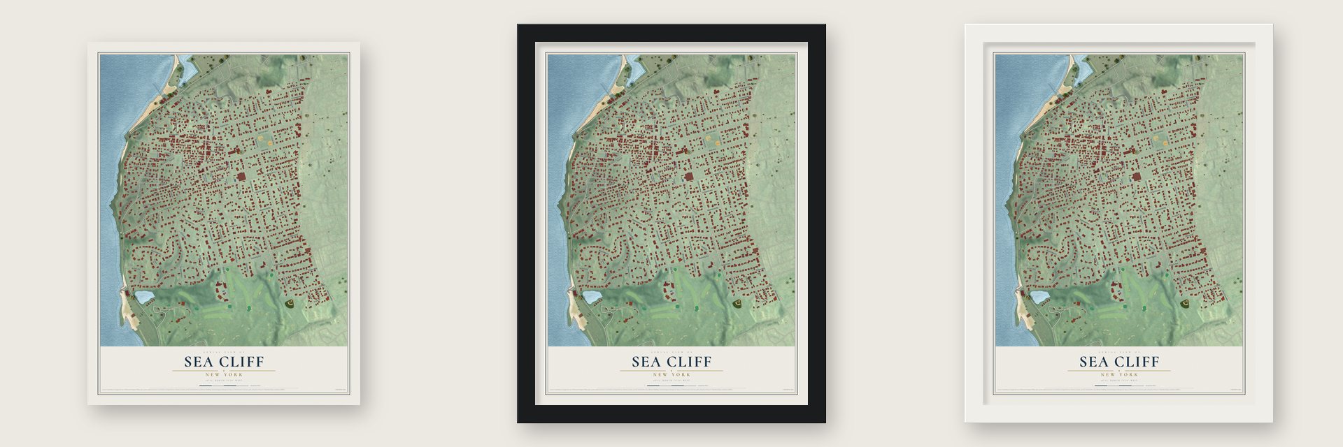 Sea Cliff, New York map unframed, in a black wood frame and in a white wood frame