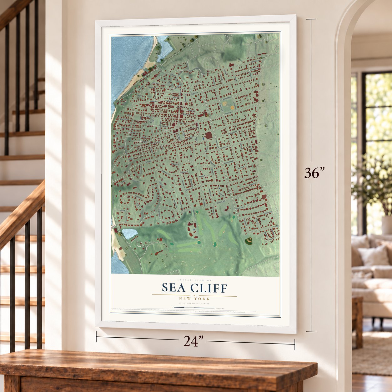 Sea Cliff, New York map, 24 x 36 inch print in a white frame by a staircase