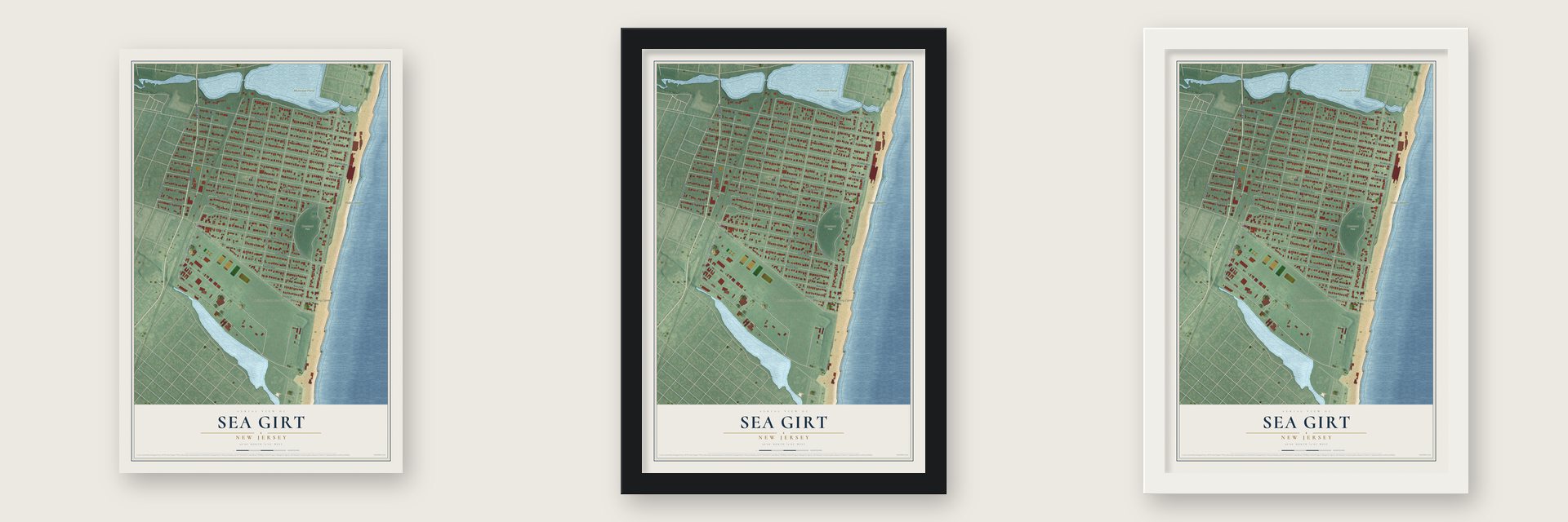 Sea Girt, New Jersey map unframed, in a black wood frame and in a white wood frame