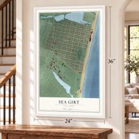 Sea Girt, New Jersey map, 24 x 36 inch print in a white frame by a staircase