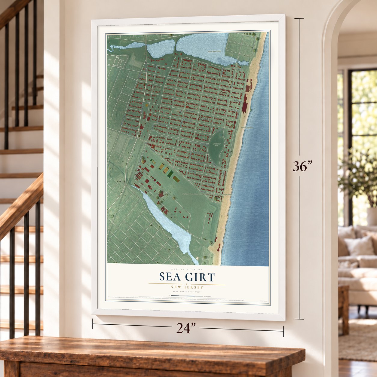 Sea Girt, New Jersey map, 24 x 36 inch print in a white frame by a staircase