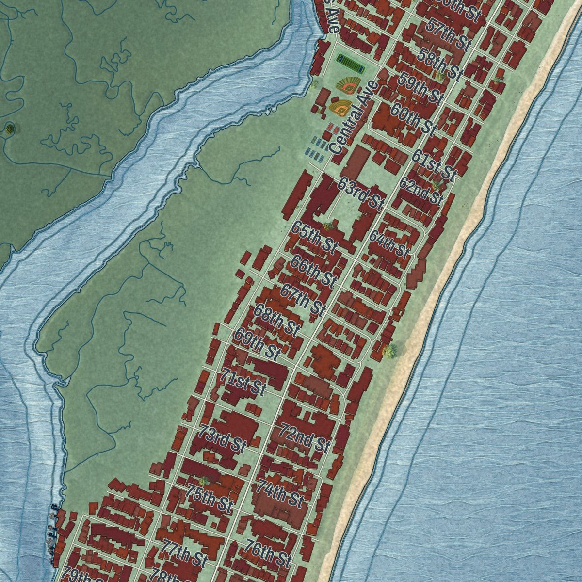 Second close-up of the map of Sea Isle City, New Jersey print showing more streets and buildings