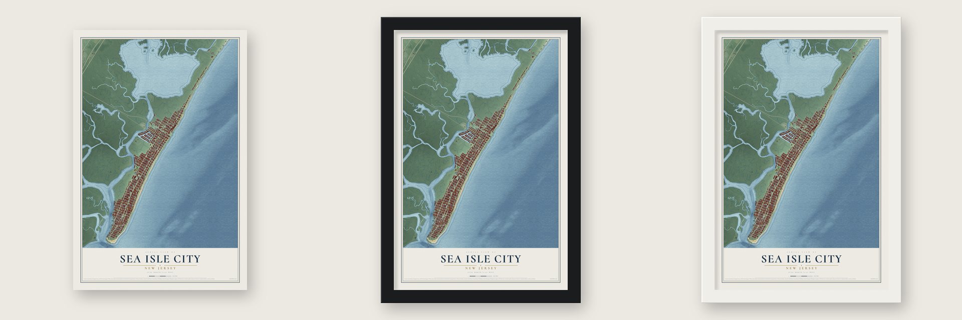 Sea Isle City, New Jersey map unframed, in a black wood frame and in a white wood frame