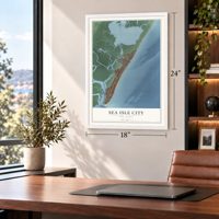 Sea Isle City, New Jersey map, 18 x 24 inch print in a white frame in a home office