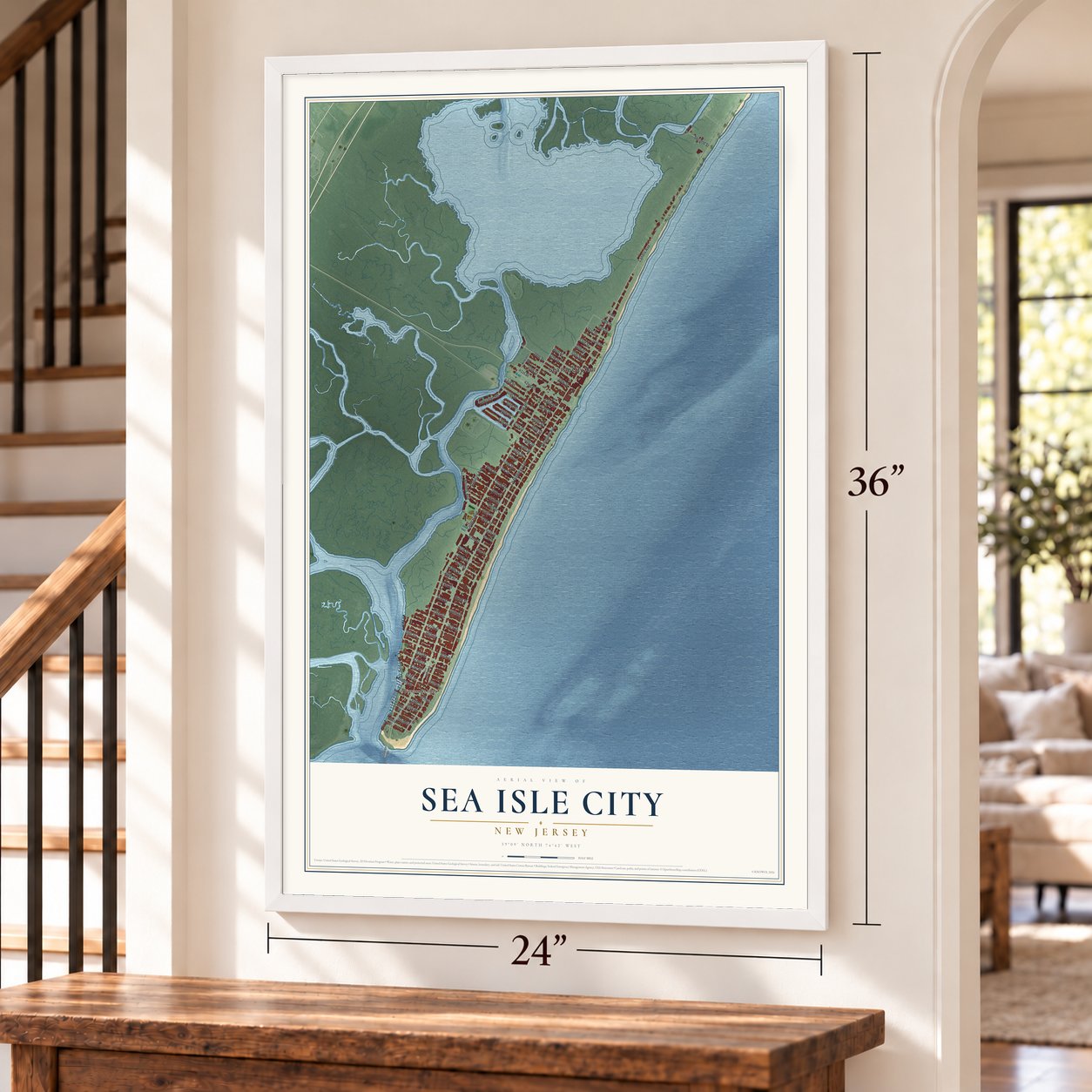 Sea Isle City, New Jersey map, 24 x 36 inch print in a white frame by a staircase