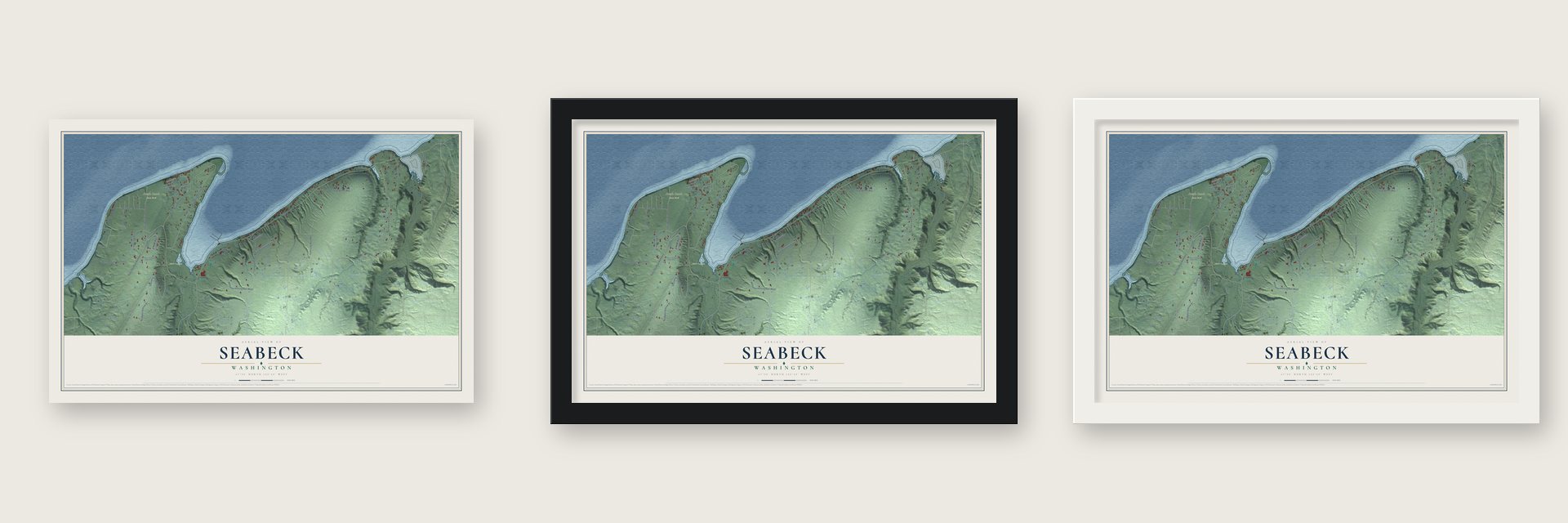 Seabeck, Washington map unframed, in a black wood frame and in a white wood frame