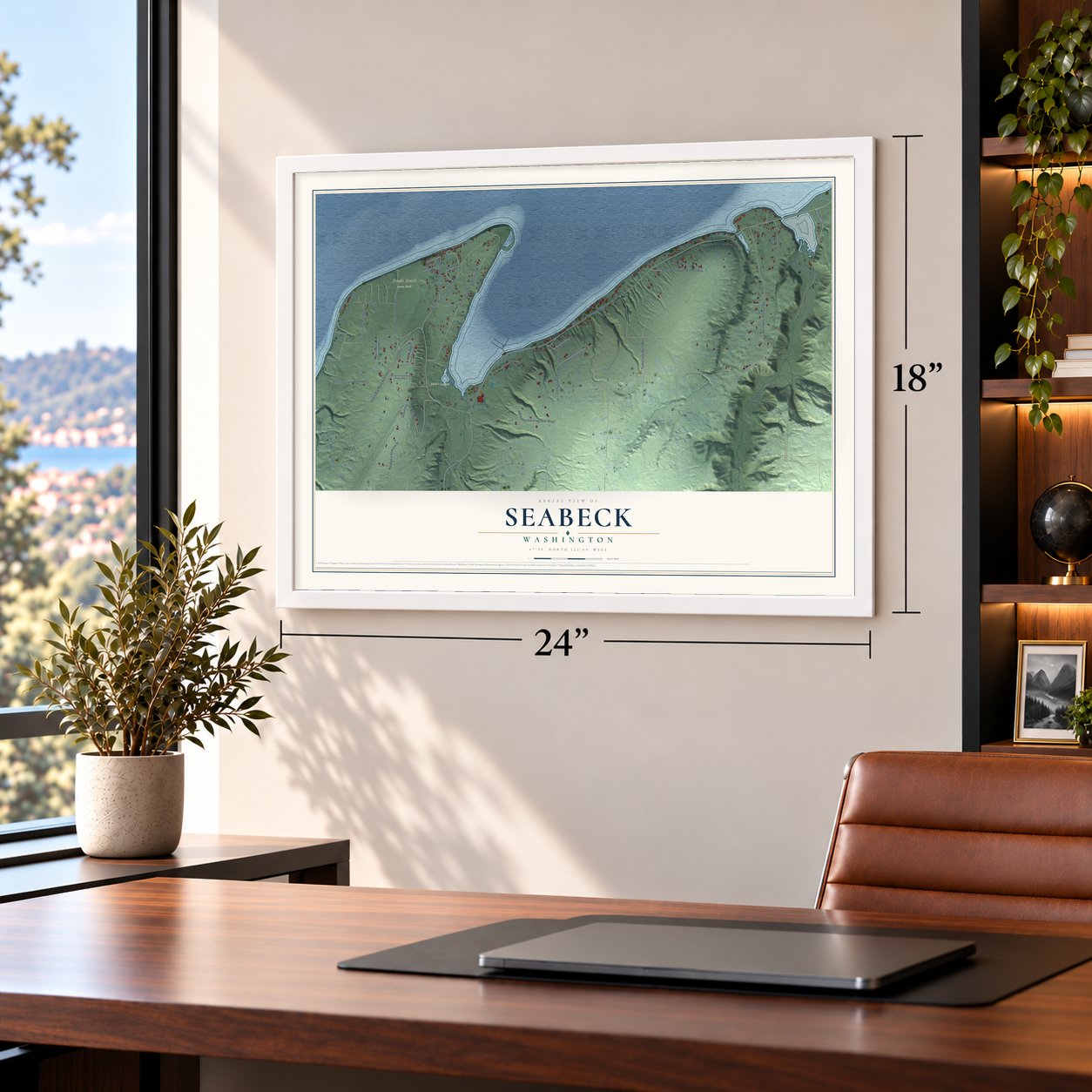 Seabeck, Washington map, 18 x 24 inch print in a white frame in a home office
