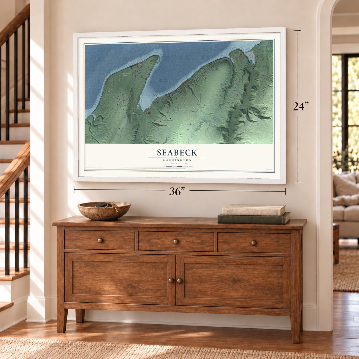 Seabeck, Washington map, 24 x 36 inch print in a white frame above a dresser by a staircase