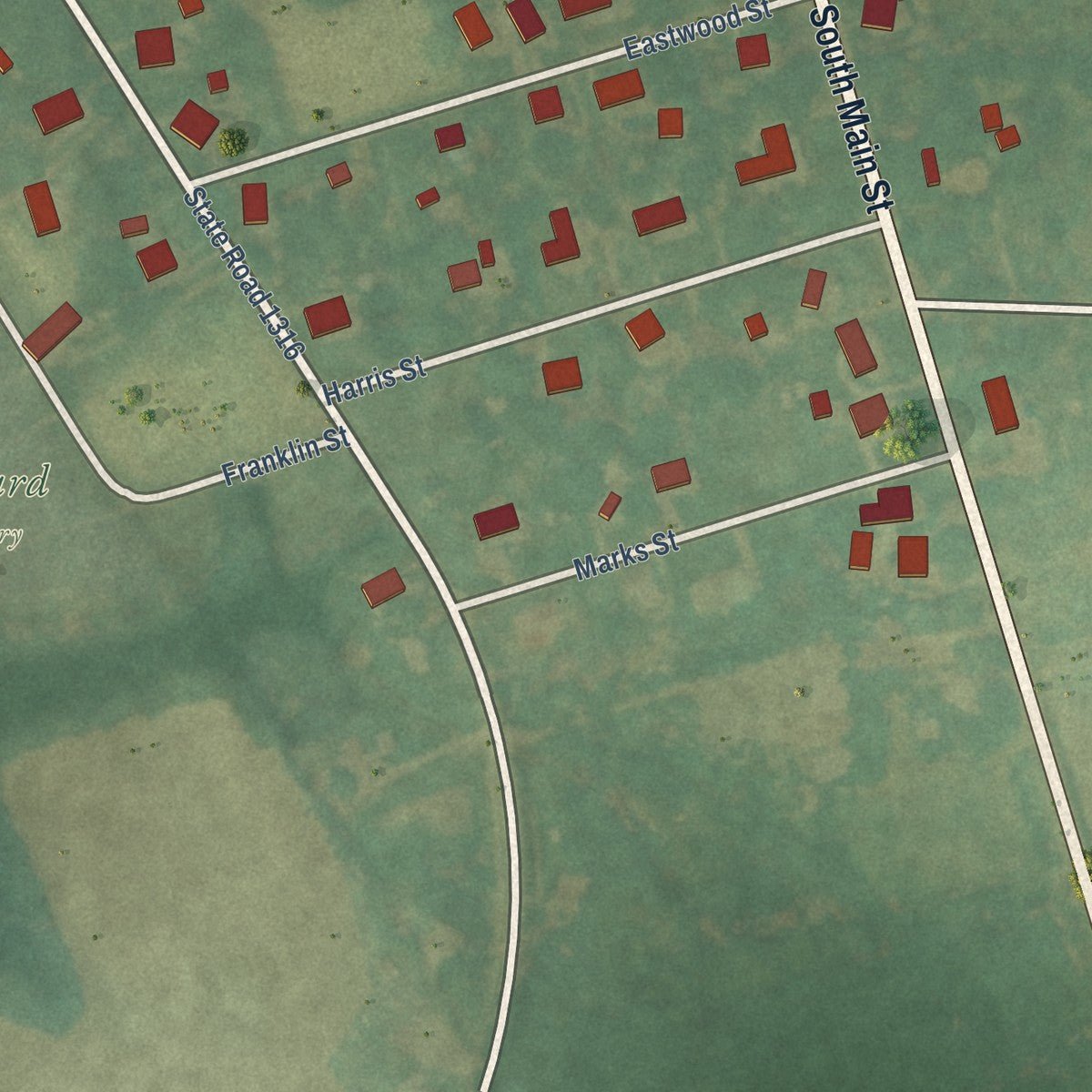 Second close-up of the map of Seaboard, North Carolina print showing more streets and buildings