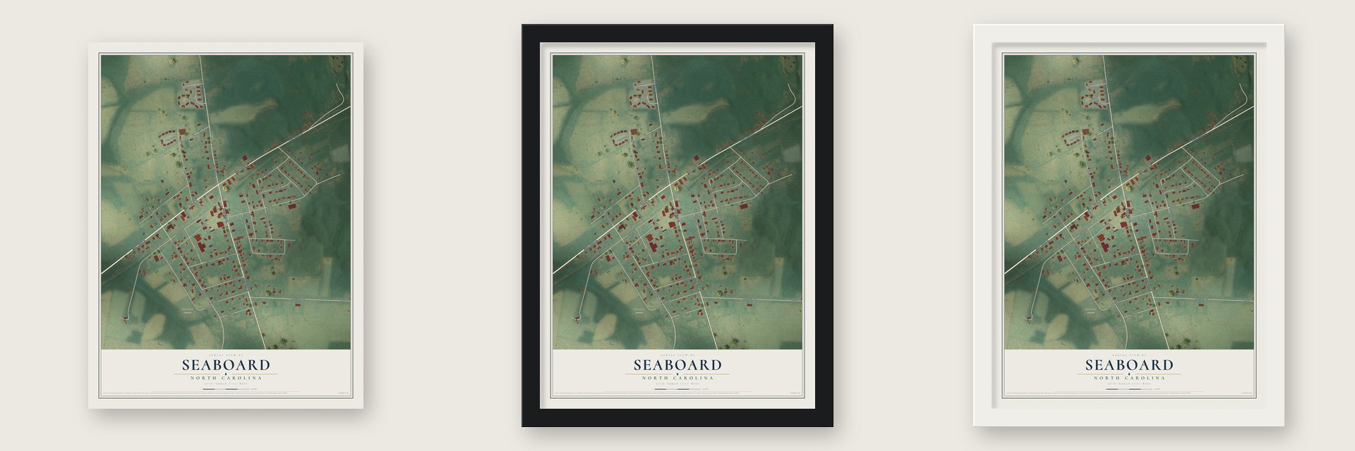 Seaboard, North Carolina map unframed, in a black wood frame and in a white wood frame