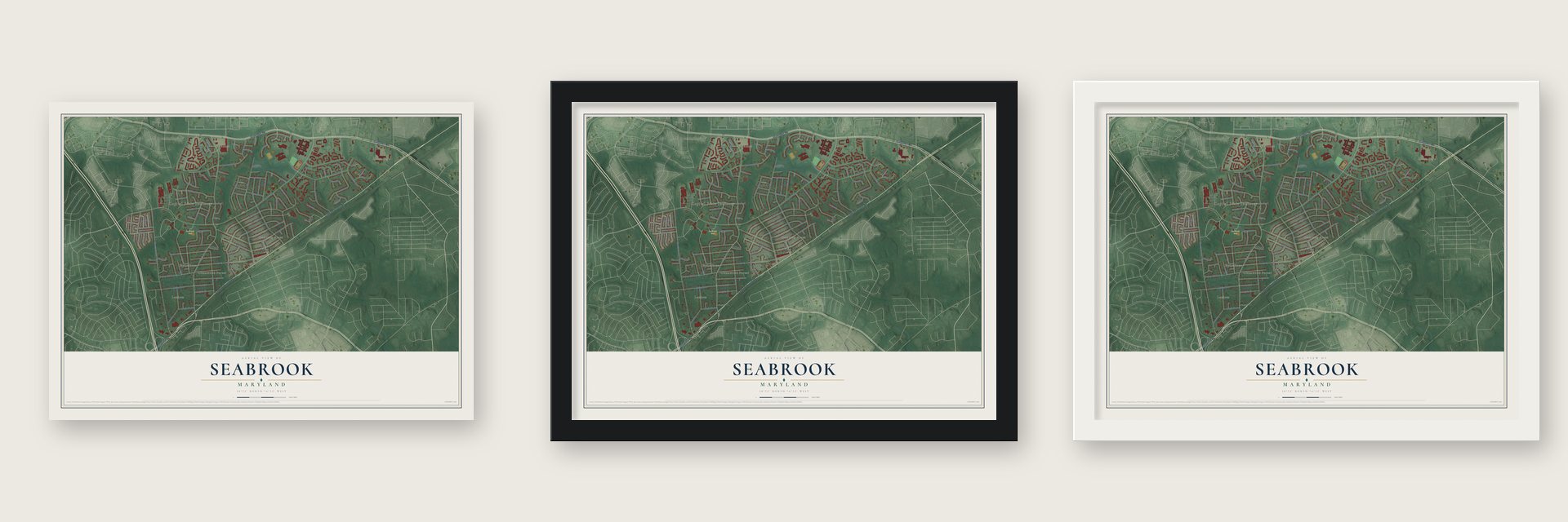 Seabrook, Maryland map unframed, in a black wood frame and in a white wood frame
