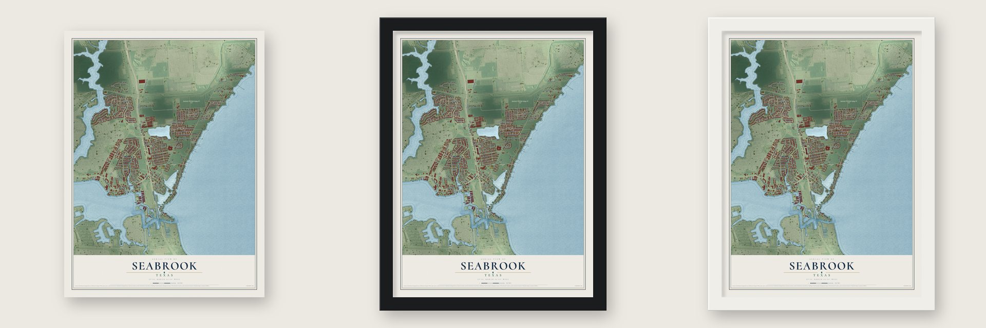Seabrook, Texas map unframed, in a black wood frame and in a white wood frame