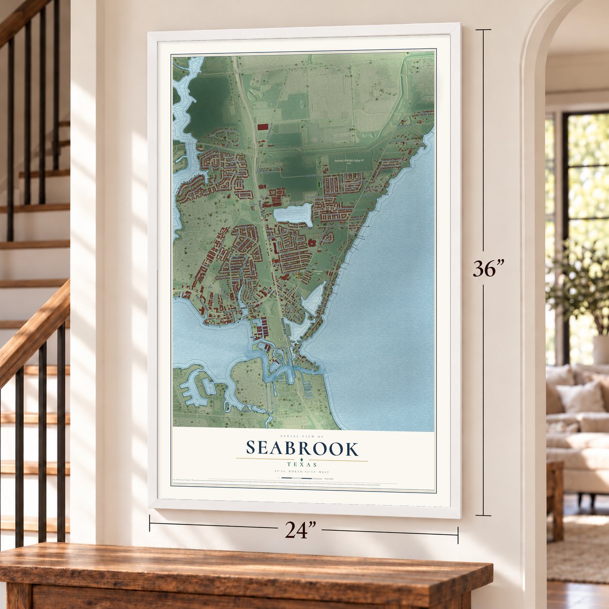 Seabrook, Texas map, 24 x 36 inch print in a white frame by a staircase