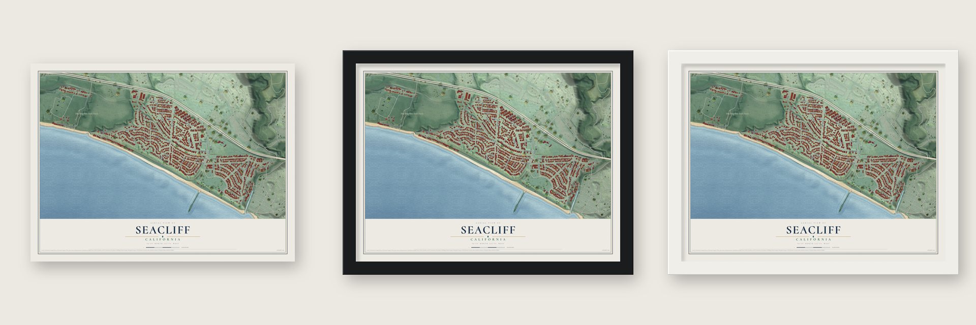 Seacliff, California map unframed, in a black wood frame and in a white wood frame