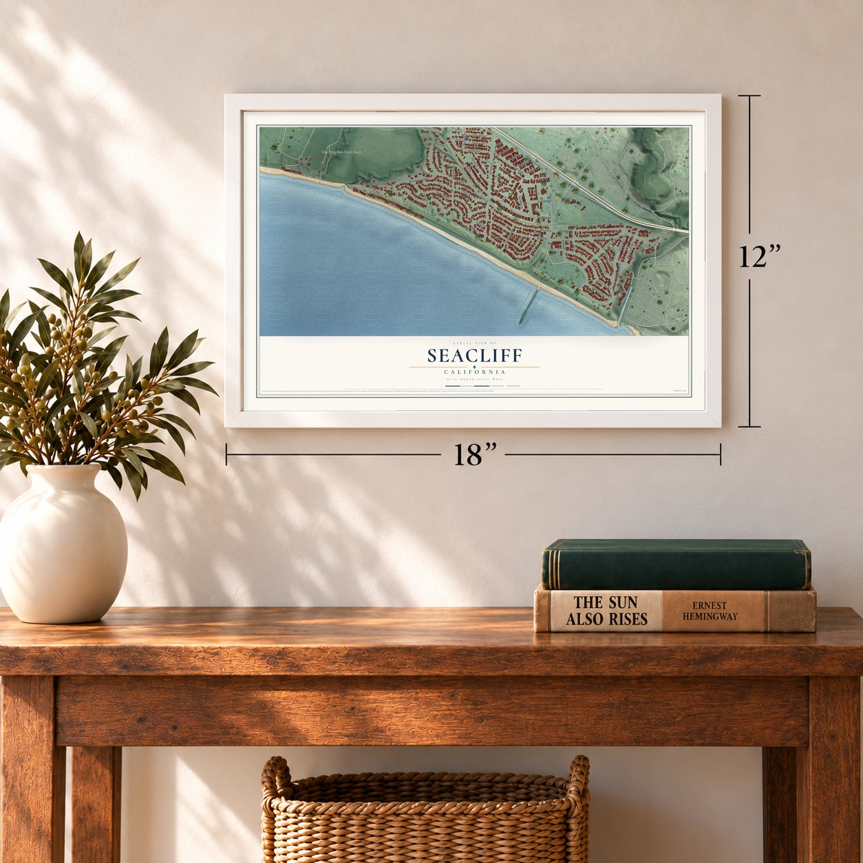 Seacliff, California map, 12 x 18 inch print in a white frame in an entryway