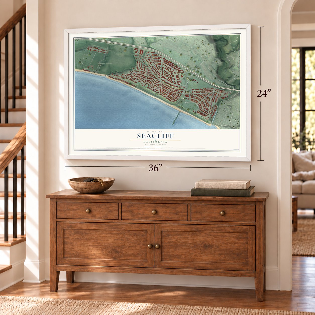 Seacliff, California map, 24 x 36 inch print in a white frame above a dresser by a staircase