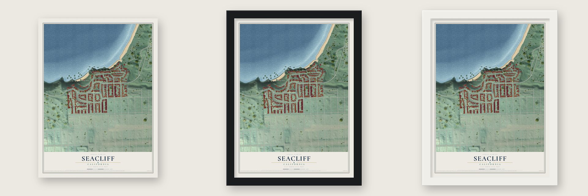 Seacliff, San Francisco, California map unframed, in a black wood frame and in a white wood frame