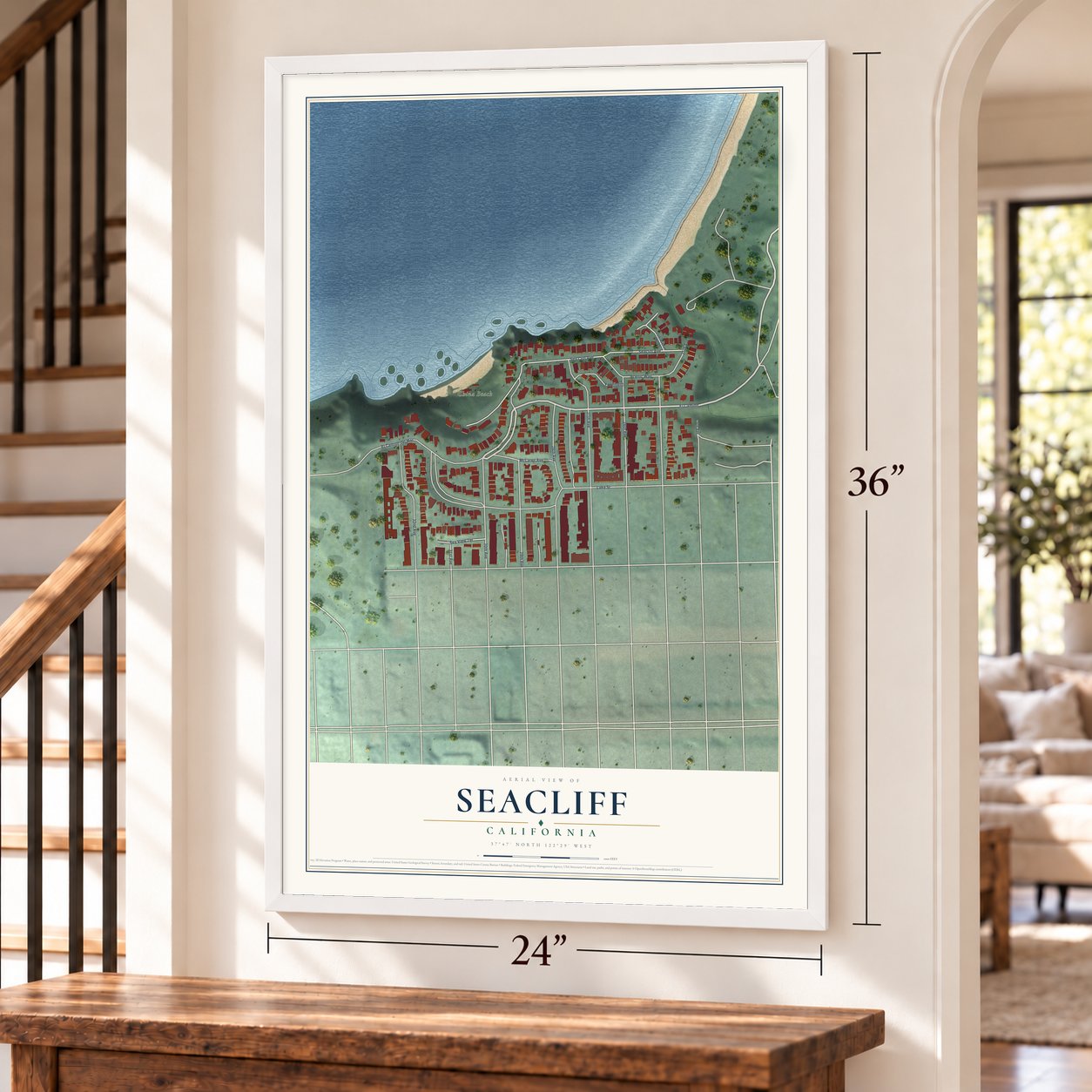 Seacliff, San Francisco, California map, 24 x 36 inch print in a white frame by a staircase