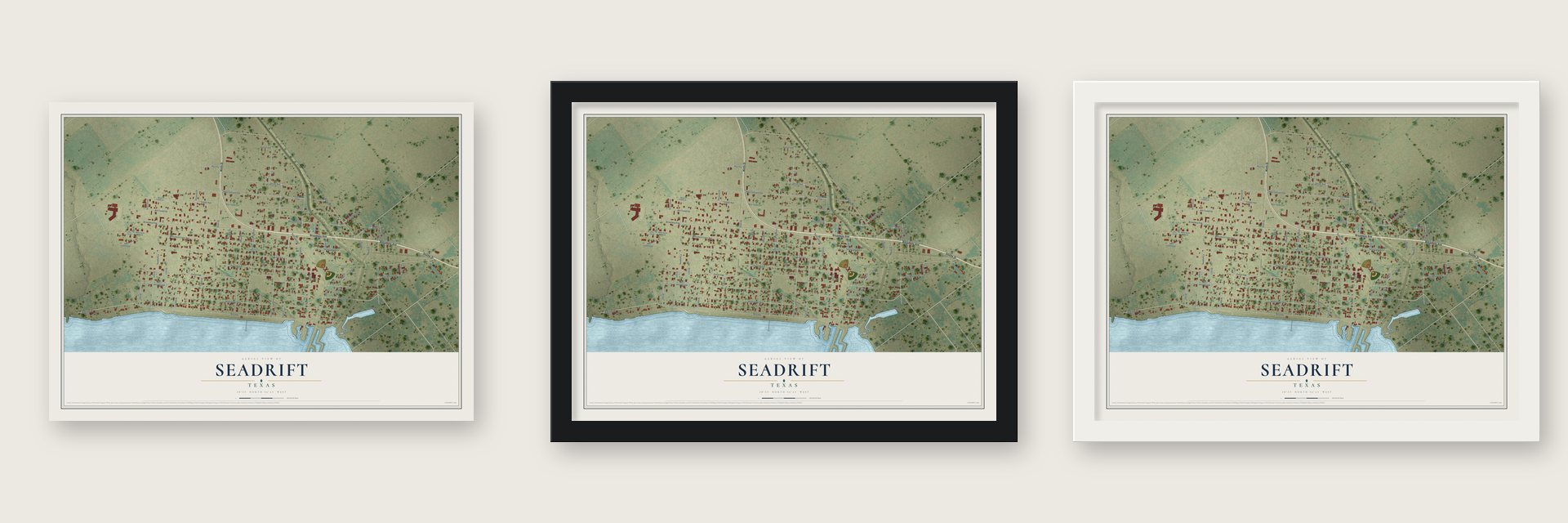 Seadrift, Texas map unframed, in a black wood frame and in a white wood frame