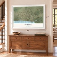 Seadrift, Texas map, 24 x 36 inch print in a white frame above a dresser by a staircase