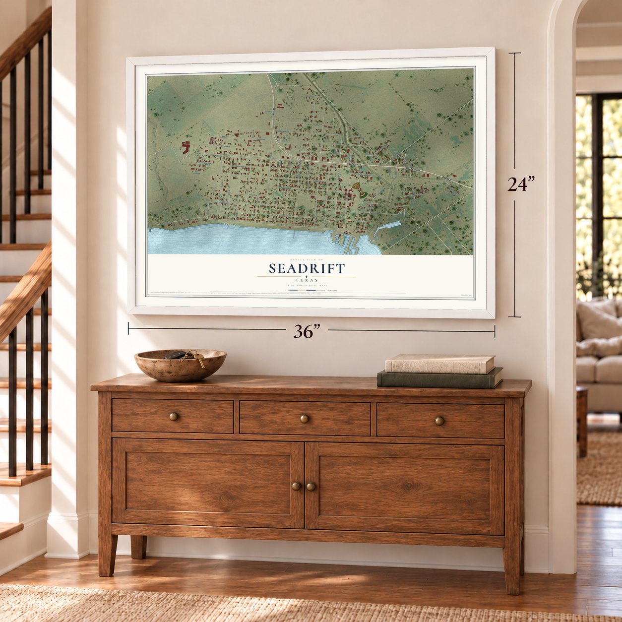 Seadrift, Texas map, 24 x 36 inch print in a white frame above a dresser by a staircase