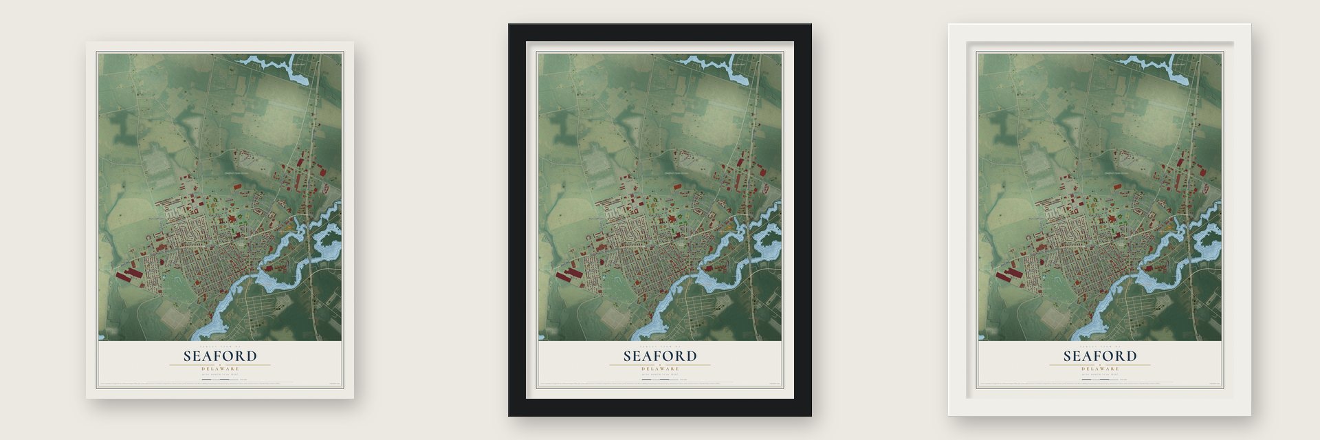Seaford, Delaware map unframed, in a black wood frame and in a white wood frame