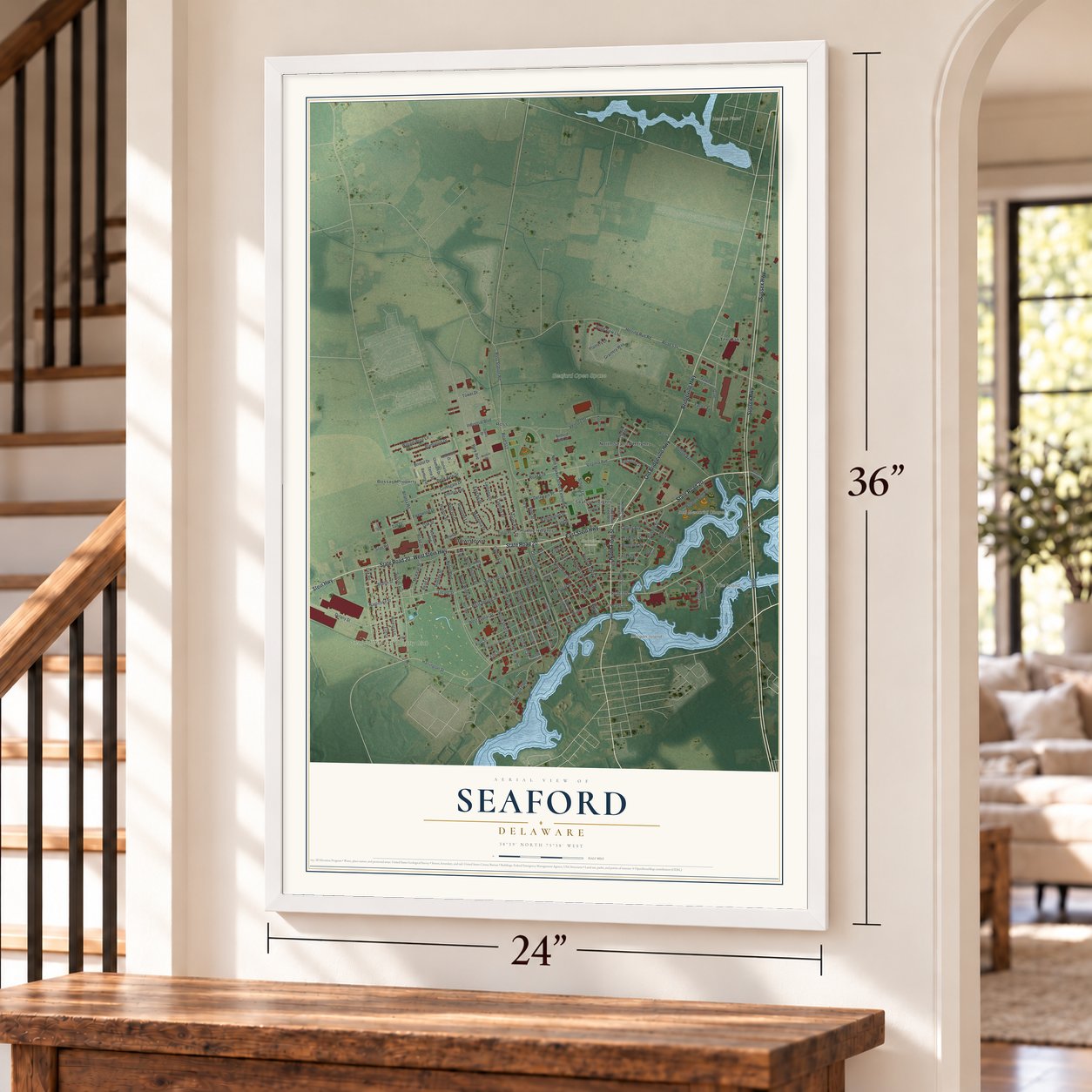 Seaford, Delaware map, 24 x 36 inch print in a white frame by a staircase