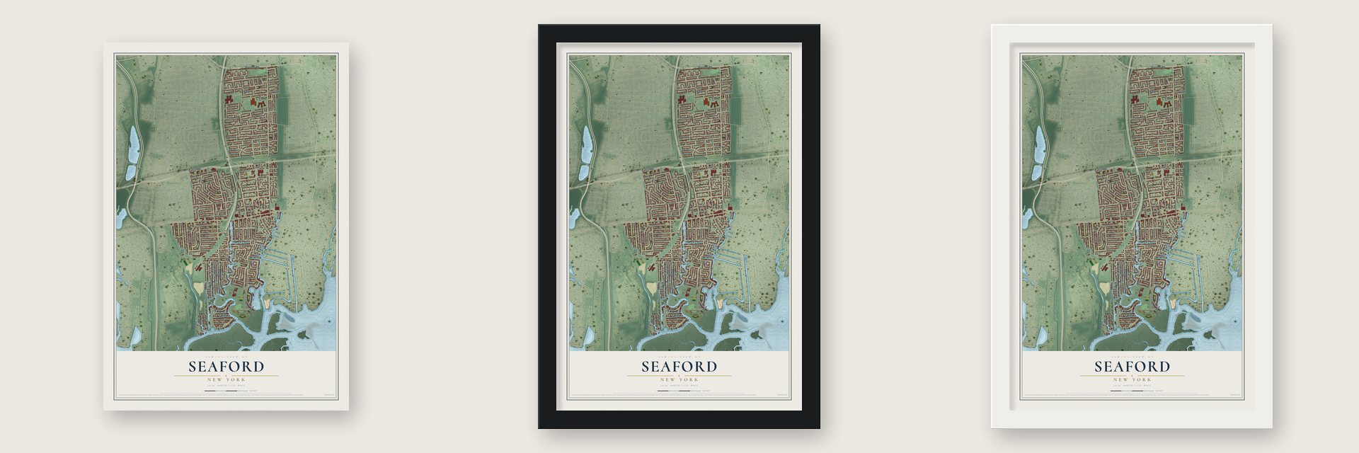 Seaford, New York map unframed, in a black wood frame and in a white wood frame