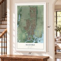 Seaford, New York map, 24 x 36 inch print in a white frame by a staircase