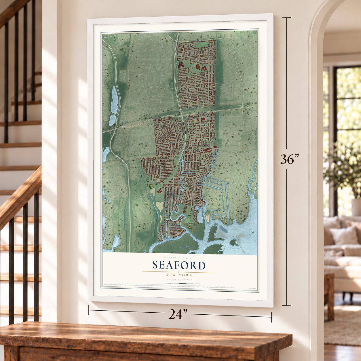 Seaford, New York map, 24 x 36 inch print in a white frame by a staircase