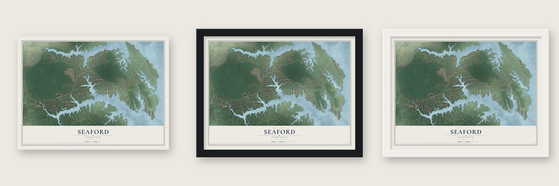 Seaford, Virginia map unframed, in a black wood frame and in a white wood frame