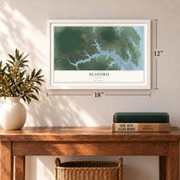 Seaford, Virginia map, 12 x 18 inch print in a white frame in an entryway