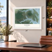 Seaford, Virginia map, 18 x 24 inch print in a white frame in a home office