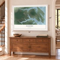 Seaford, Virginia map, 24 x 36 inch print in a white frame above a dresser by a staircase
