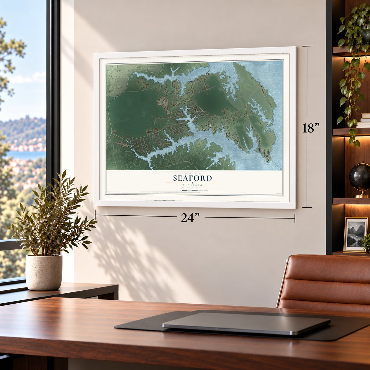 Seaford, Virginia map, 18 x 24 inch print in a white frame in a home office