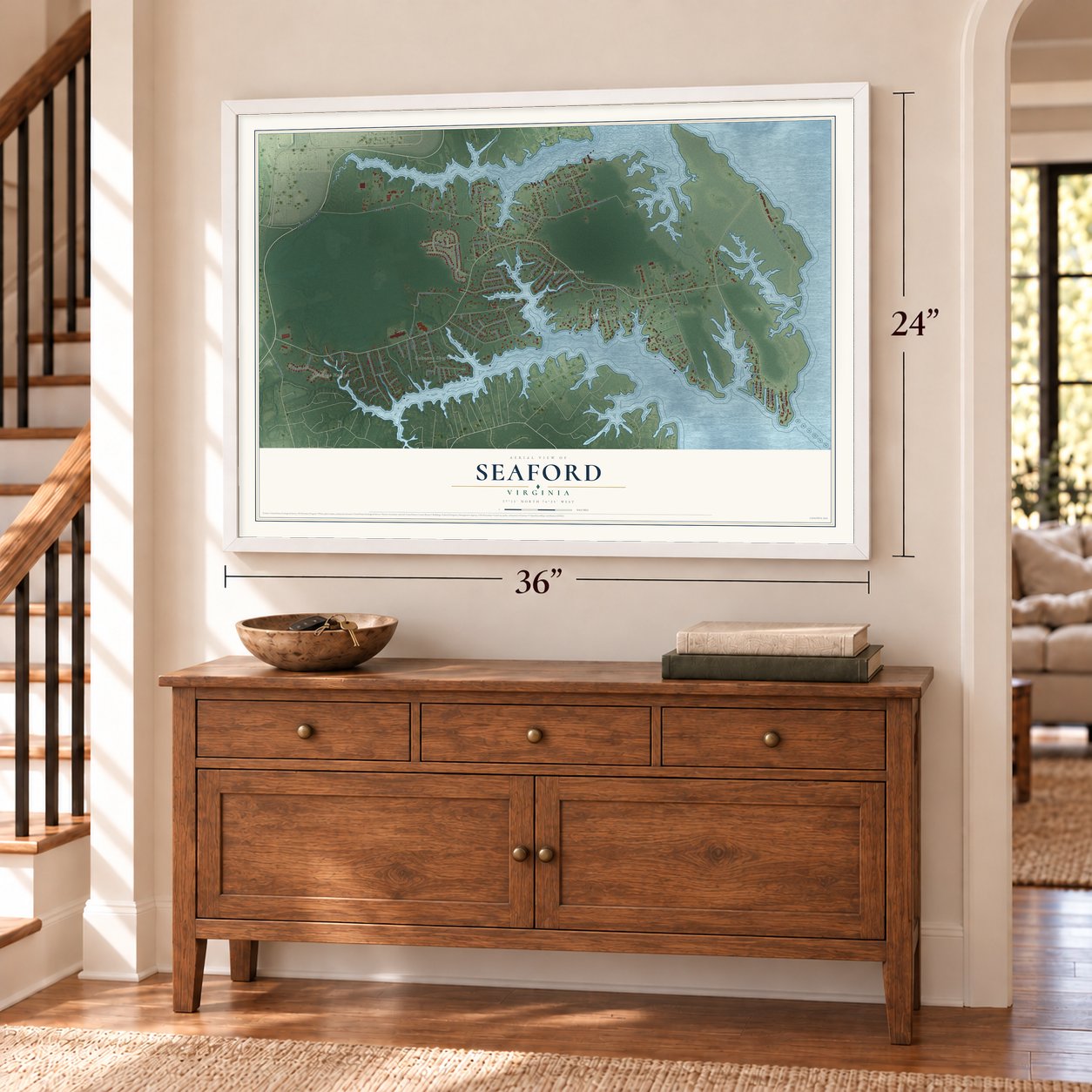 Seaford, Virginia map, 24 x 36 inch print in a white frame above a dresser by a staircase