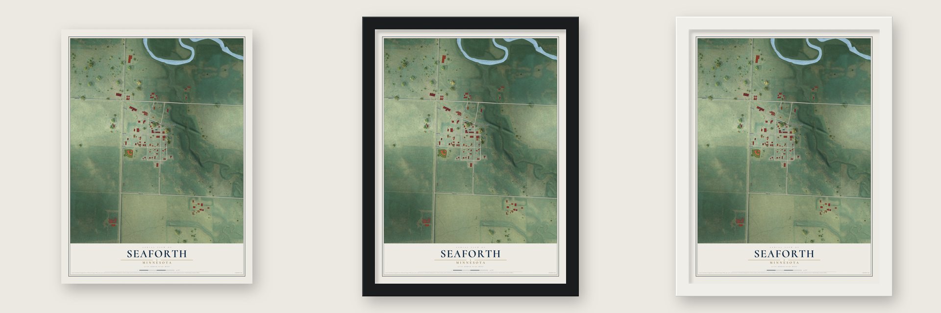 Seaforth, Minnesota map unframed, in a black wood frame and in a white wood frame