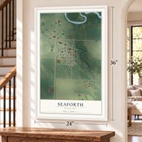 Seaforth, Minnesota map, 24 x 36 inch print in a white frame by a staircase