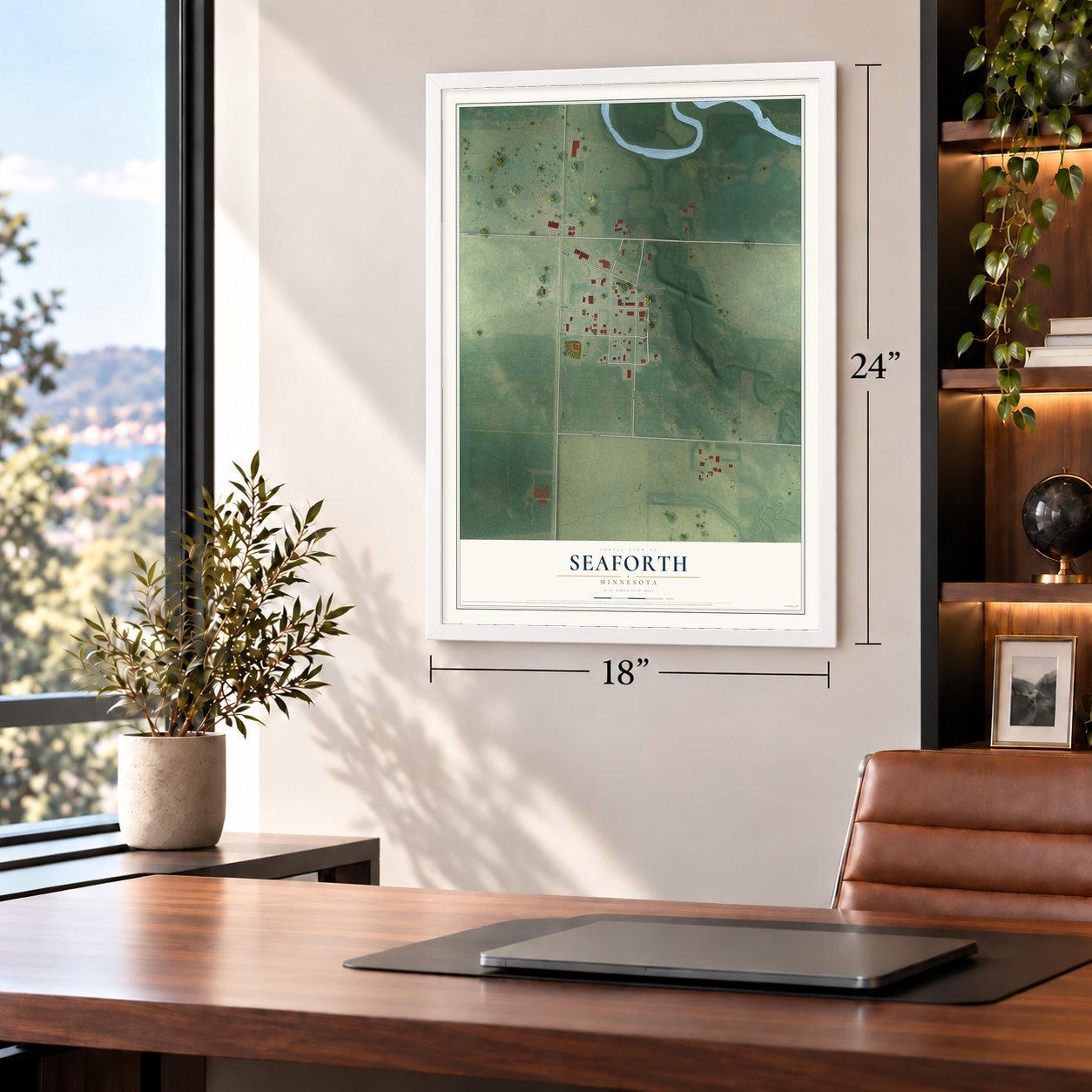 Seaforth, Minnesota map, 18 x 24 inch print in a white frame in a home office
