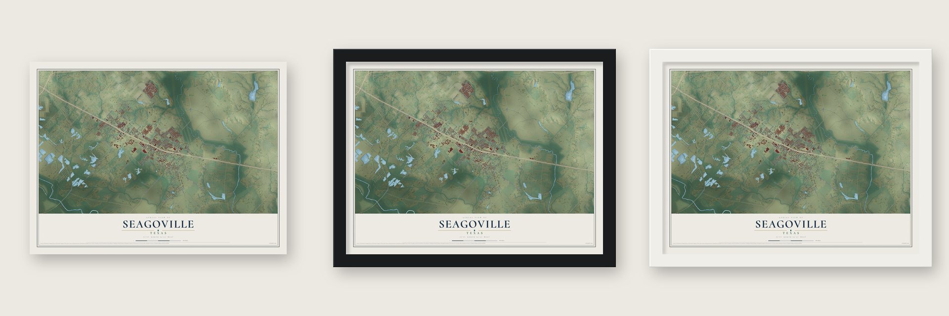 Seagoville, Texas map unframed, in a black wood frame and in a white wood frame