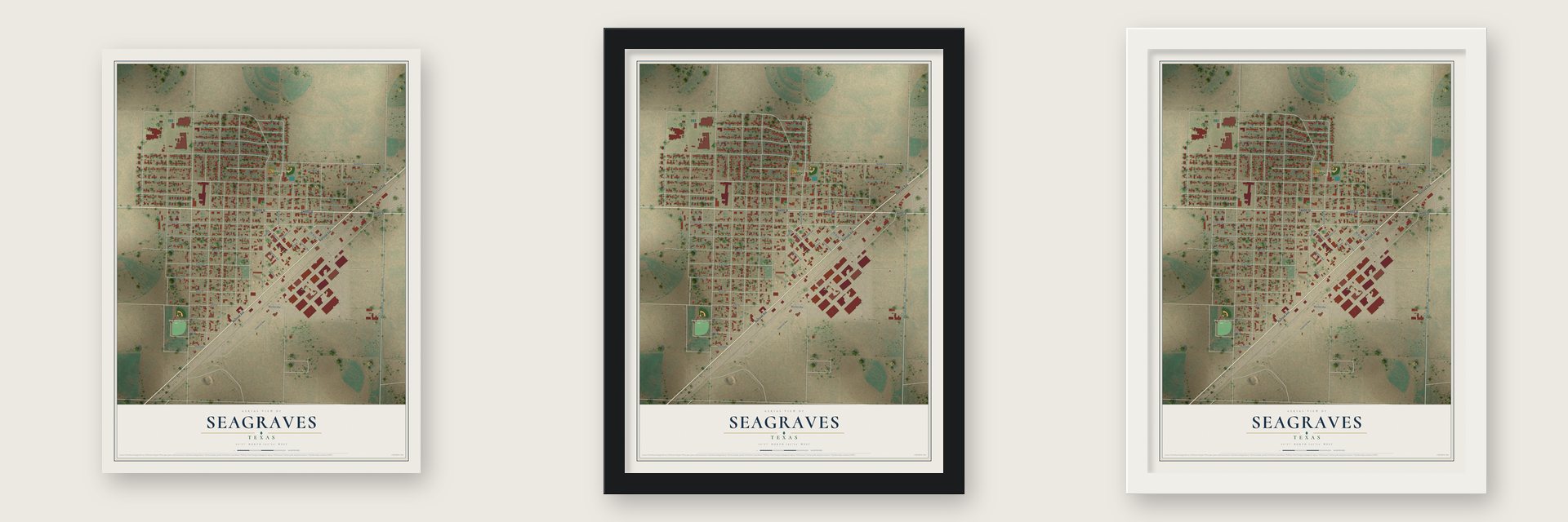Seagraves, Texas map unframed, in a black wood frame and in a white wood frame