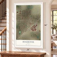 Seagraves, Texas map, 24 x 36 inch print in a white frame by a staircase