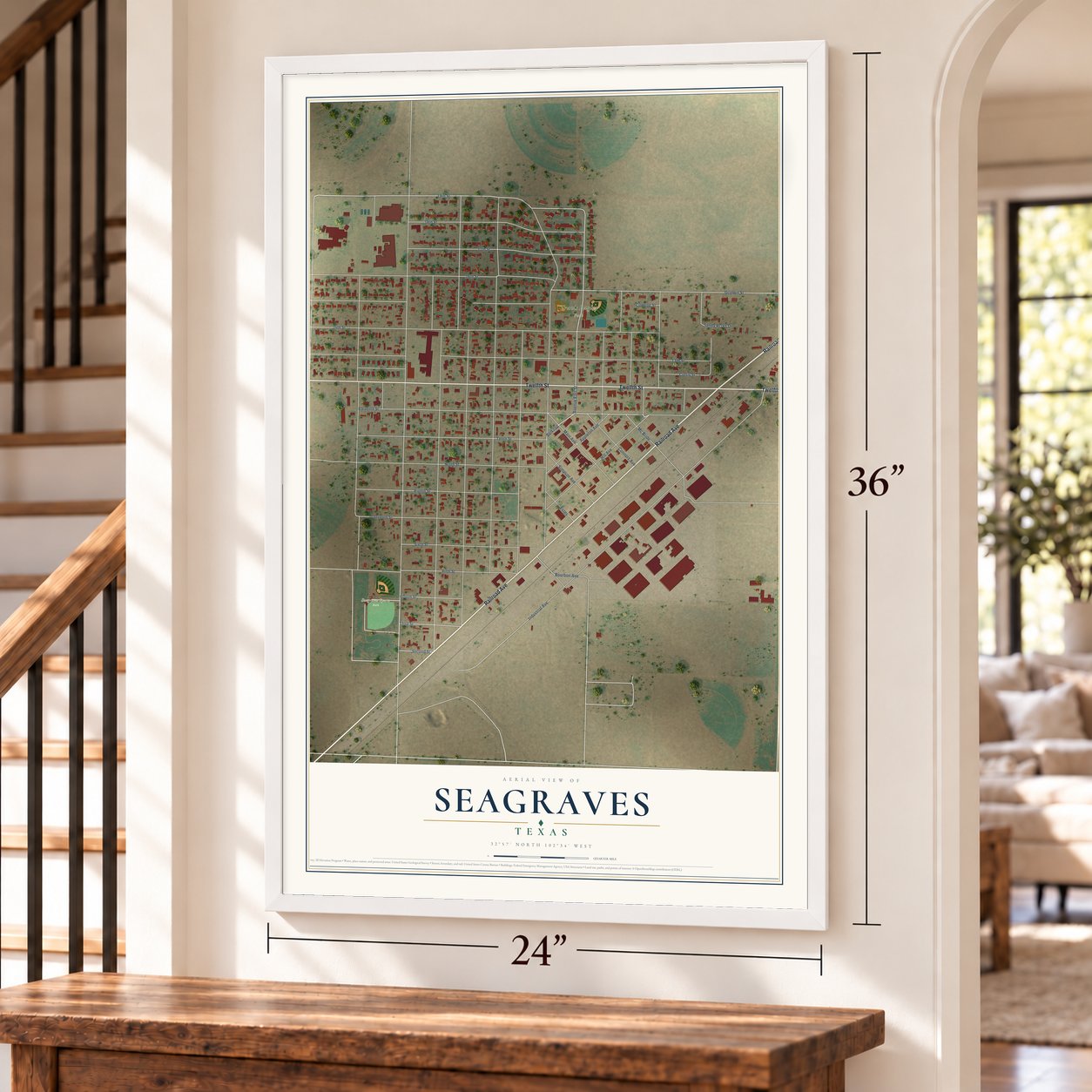 Seagraves, Texas map, 24 x 36 inch print in a white frame by a staircase