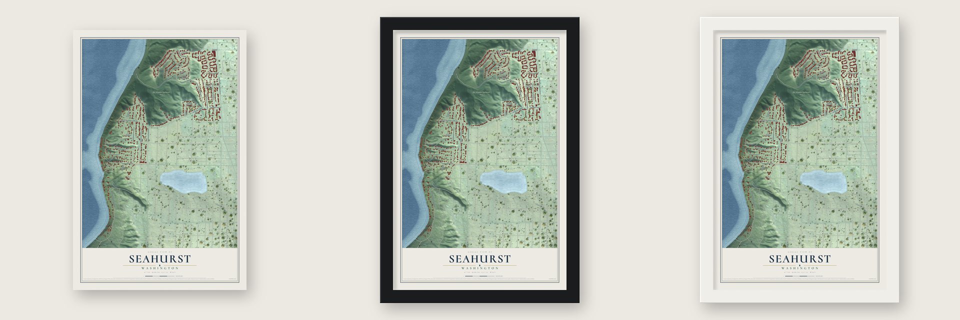 Seahurst, Washington map unframed, in a black wood frame and in a white wood frame