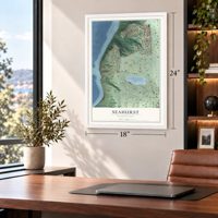 Seahurst, Washington map, 18 x 24 inch print in a white frame in a home office